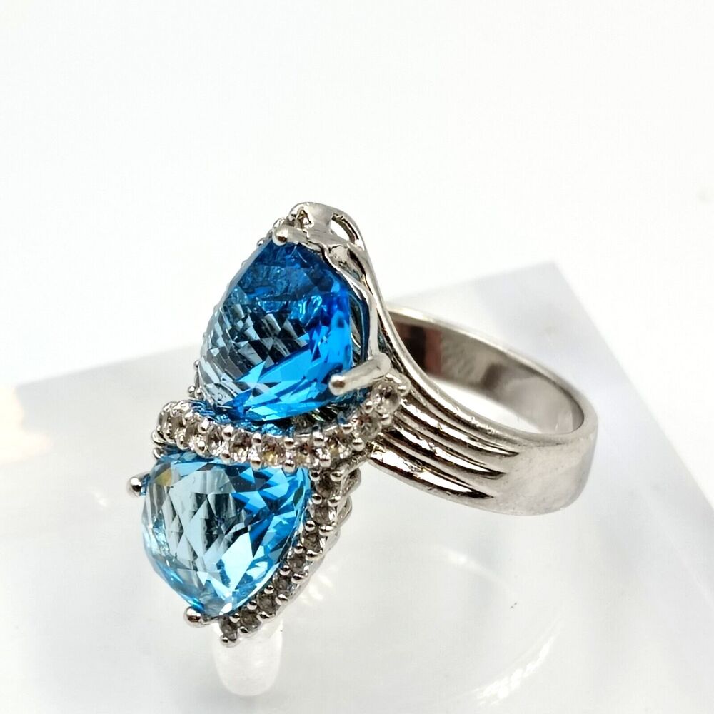 Sterling Silver 925 Blue Clear Topaz Aquamarine Bypass Style Statement Ring Sz 6